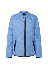 Světle modrá prošívaná bunda s žebrovaným límcem, předním zipem a dvěma bočními kapsami. Má tmavě modré lemování a béžový zip.