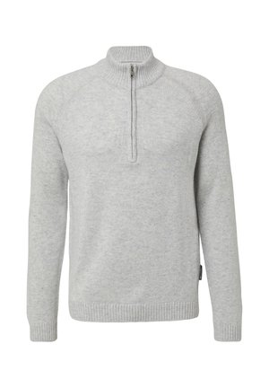 Gaišs pelēks džemperis ar rāvējslēdzēju, kas ir ar ribotām apkaklēm un piedurknēm, izgatavots no mīkstas materiāla ar gludu tekstūru un minimālu dizainu.