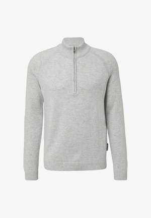 Hellgrauer Zip-Pullover mit Rippkragen und -bündchen, aus weichem Material mit glatter Textur und minimalistischem Design.