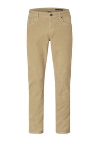 Beige Cordhosen mit geradem Bein, fünf Taschen und einem einzelnen Knopfverschluss an der Taille, die eine weiche, strukturierte Oberfläche zeigen.