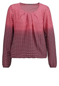 Blusa manica lunga rossa e nera a fantasia con collo rotondo e dettaglio arricciato, caratterizzata da un design sfumato e un tessuto leggero e trasparente.