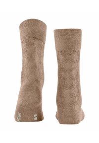Brązowe skarpetki o miękkiej fakturze, z ściągaczem i subtelnym wzorem, logo marki przy kostce oraz długością do połowy łydki.