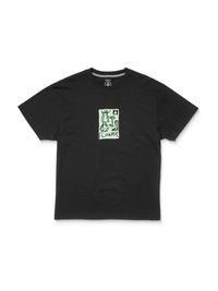 Schwarzes Baumwoll-T-Shirt mit grünem Grafikdruck eines Gesichts und einer Blume, Rundhalsausschnitt und kurzen Ärmeln.