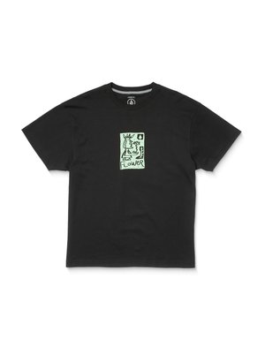 Czarny bawełniany t-shirt z zielonym nadrukiem przedstawiającym twarz i kwiat, okrągły dekolt i krótkie rękawy.