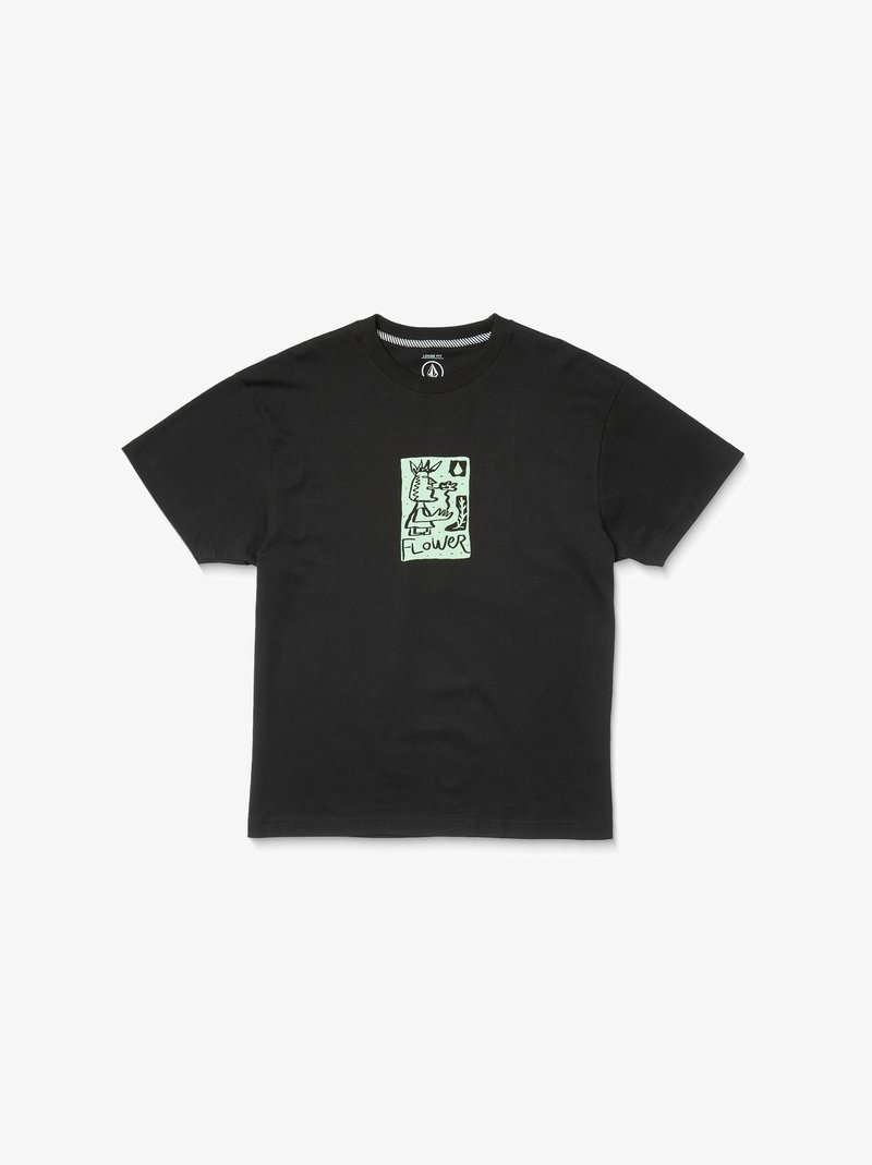 Schwarzes Baumwoll-T-Shirt mit grünem Grafikdruck eines Gesichts und einer Blume, Rundhalsausschnitt und kurzen Ärmeln.