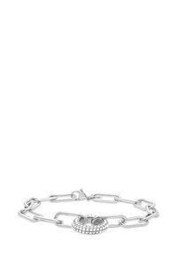 Bracciale in argento con maglie allungate e un accento circolare con gemme trasparenti. Chiusura a moschettone per un fissaggio sicuro.