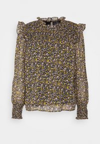 Blusa nera floreale con maniche a volant corte, caratterizzata da un colletto piccolo e un tessuto leggero e texture, decorato con fiori rosa e gialli.