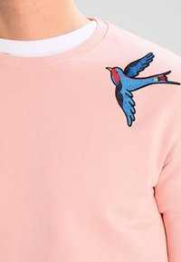 Vaaleanpunainen collegepaita, jossa on tekstuuripinta, ja jonka vasemmassa olkapäässä on värikäs brodeeratun linnun kuvio, joka esitttää sinisiä, punaisia ja keltaisia yksityiskohtia.