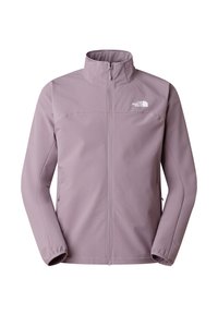 Giacca viola chiaro realizzata in tessuto liscio ed elastico, con colletto alla coreana, zip frontale e due tasche laterali. Presenta un motivo testurizzato sottile.