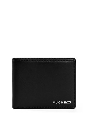 Black leather wallet with a smooth texture, rectangular shape, and white "VUCH" branding on the front. Simple stitching detail along edges.