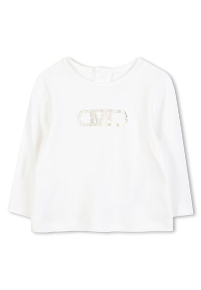 Chemise en coton blanc à manches longues avec un col rond et un design de logo en strass sur le devant. Texture douce avec une coupe décontractée.