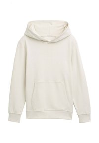 Crème-kleurige hoodie met een kangoeroezak, ribgebreide manchetten en een ruime capuchon. Gemaakt van zachte stof met een gladde textuur.
