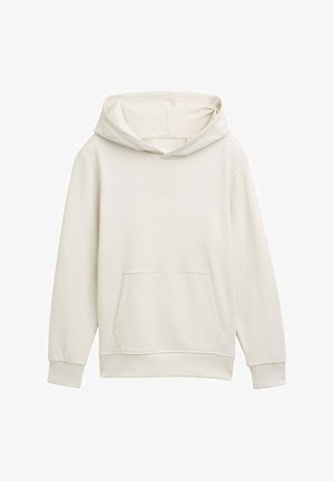 Cremefarbener Hoodie mit einer Kängurutasche, gerippten Bündchen und einer großzügigen Kapuze. Hergestellt aus weichem Stoff mit einer glatten Textur.