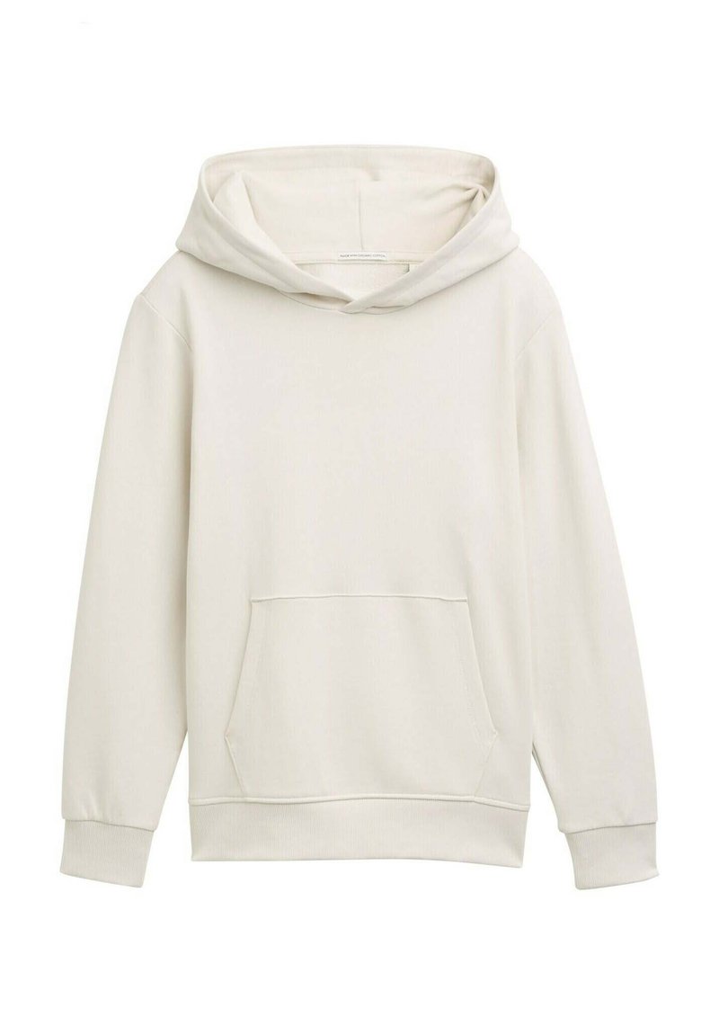 Crème-kleurige hoodie met een kangoeroezak, ribgebreide manchetten en een ruime capuchon. Gemaakt van zachte stof met een gladde textuur.