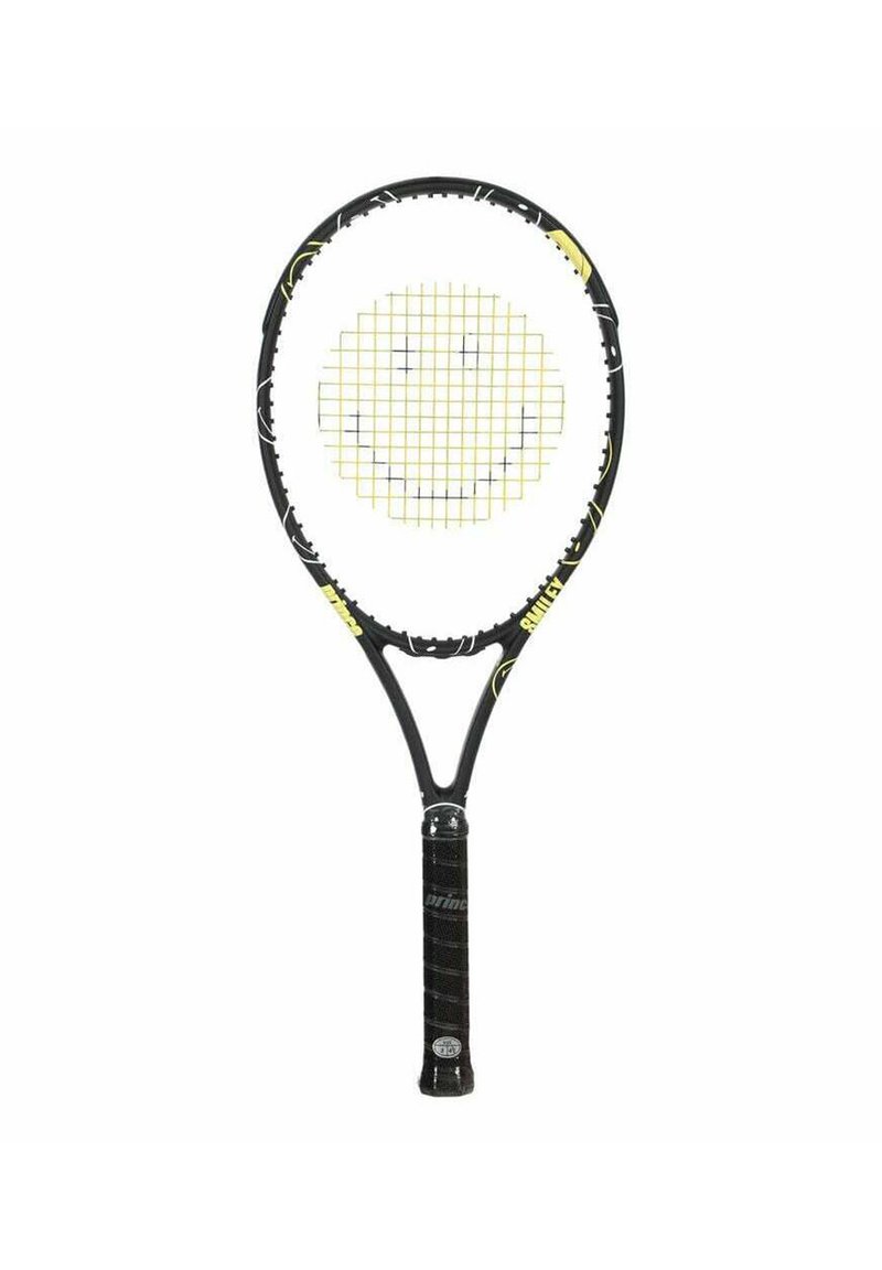 Black tennis racket with yellow strings forming a smiley face pattern on a white background.