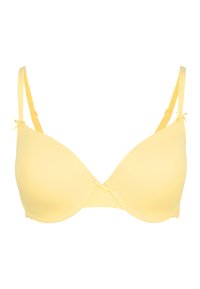 Yellow padded bra with smooth fabric, featuring adjustable straps and decorative bow accents at the center and strap joins.