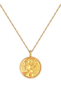 Guld vedhængs-kæde med et cirkulært design og en hævet profil af en kvinde, tekstureret baggrund og snoet kædedetail.