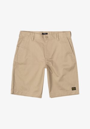 Beige Herrenshorts für die Freizeit mit Fronttaschen, Gürtelschlaufen, Knopfverschluss und einem kleinen schwarzen und gelben RVCA-Logo-Patch am Saum.