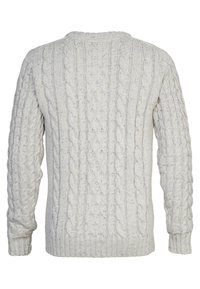 Suéter de punto trenzado gris claro con un patrón texturizado, puños y dobladillo acanalados. Presenta un cuello redondo y un corte regular.