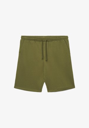 Pantaloncini casual verde oliva con vita elastica, coulisse, tasche laterali e design semplice e sobrio.