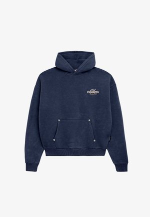 Tumesinist kapuutsiga pusa pehme kangaga, millel on ees tasku, elastsed varrukaserval ja kontrastne beež „PROHIBITED" logo.