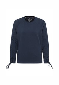 Felpa blu navy a maniche lunghe con collo rotondo a costine, maniche raglan e dettagli arricciati ai polsini. Realizzata in morbido tessuto misto cotone.