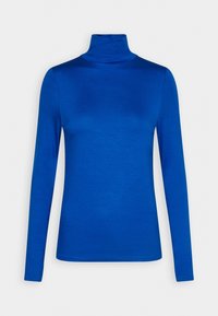 Modrý dlouhý rukáv turtleneck triko vyrobené z hladké, elastické látky. Úzký střih s vysokým krkem a minimem švů. Bez vzorů nebo ozdob.