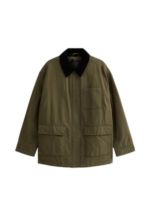 Olive green jacket with a black collar, structured silhouette, two front pockets, and a zip closure, made from a durable fabric.