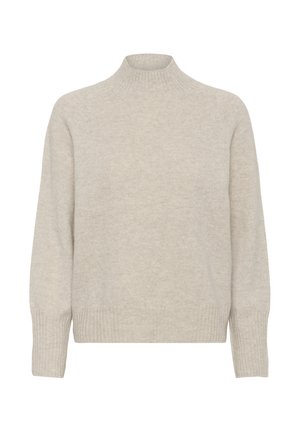 Beežist kudumist pikkade varrukatega kampsun, millel on soonikuga kõrge kaelus, mansetid ja ääred, valmistatud pehmest ja hubasest kangast.