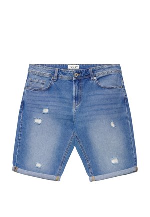 Shorts in denim blu con risvolti, chiusura con bottone e cerniera, tasche frontali e taschino portamonete, con piccole zone consumate sulla parte anteriore.