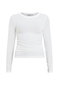 Witte lange mouwen top van ribbelstof, met een ronde hals en gathers op de taille voor een getailleerde silouet.