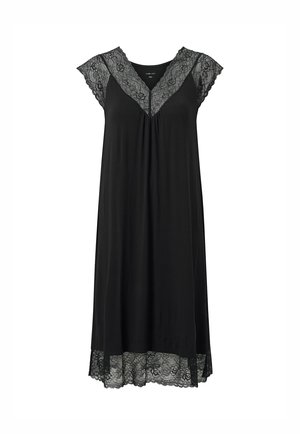 Sort natkjole med blondestrimme rundt halsudskæringen og kanten, korte ærmer og en afslappet pasform. Fremstillet af blødt stof for komfort.