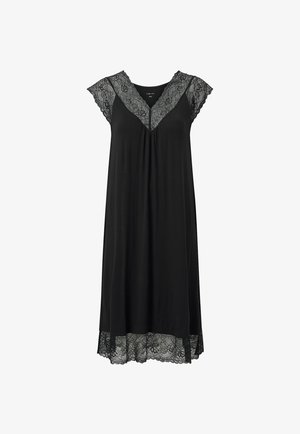 Sort natkjole med blondestrimme rundt halsudskæringen og kanten, korte ærmer og en afslappet pasform. Fremstillet af blødt stof for komfort.