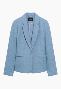 Hellblauer Blazer aus strukturiertem Stoff, mit Reverskragen, zwei Vordertaschen, Ein-Knopf-Verschluss und Innenfutter.