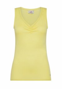 Geel sleeveless V-hals top van zacht materiaal met een geplooid detail aan de voorkant en een klein logo aan de onderkant.