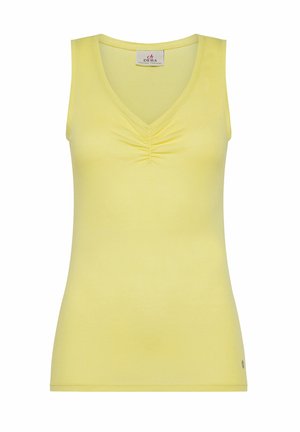 Gul ærmeløs V-hals top lavet af blødt stof med en samlet detalje foran og et lille logo i den nederste side.