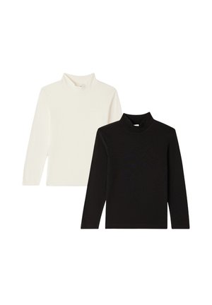 Due maglioni a collo alto: uno bianco e uno nero, realizzati in un tessuto morbido. Presentano maniche lunghe e un design strutturato con collo alto.