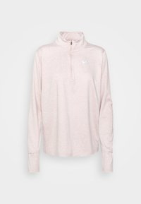 Světle růžový dlouhý rukáv sportovní top s polovičním zipem, vyrobený z texturované látky. Obsahuje malé bílé logo Nike na hrudi.