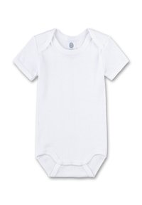 Kurzärmeliges weißes Baumwollbodysuit mit Rundhalsausschnitt und Druckknopfverschluss unten. Glatte Textur, schlichtes Design und keine Muster.