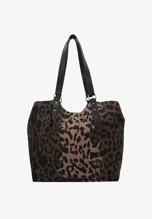 Borsa a tote con stampa leopardata in tessuto marrone e nero, dotata di due manici in pelle nera e dettagli in metallo dorato. Design spazioso per un utilizzo versatile.