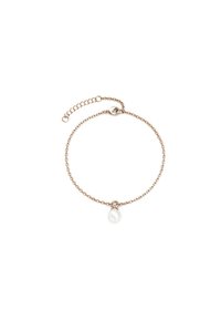 Bracciale in oro rosa con ciondolo a forma di piccola perla bianca, dotato di una chiusura semplice e di un'estensione regolabile per la misura.