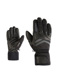 Gants d'hiver noirs en cuir et en matériau synth�étique, présentant plusieurs textures, des poignets élastiques et des accents gris contrastants.