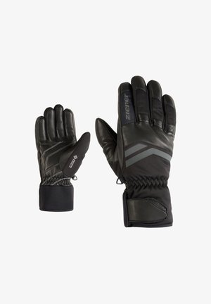 Guantes de invierno negros de cuero y material sintético, con múltiples texturas, puños elásticos en las muñecas y acentos grises contrastantes.