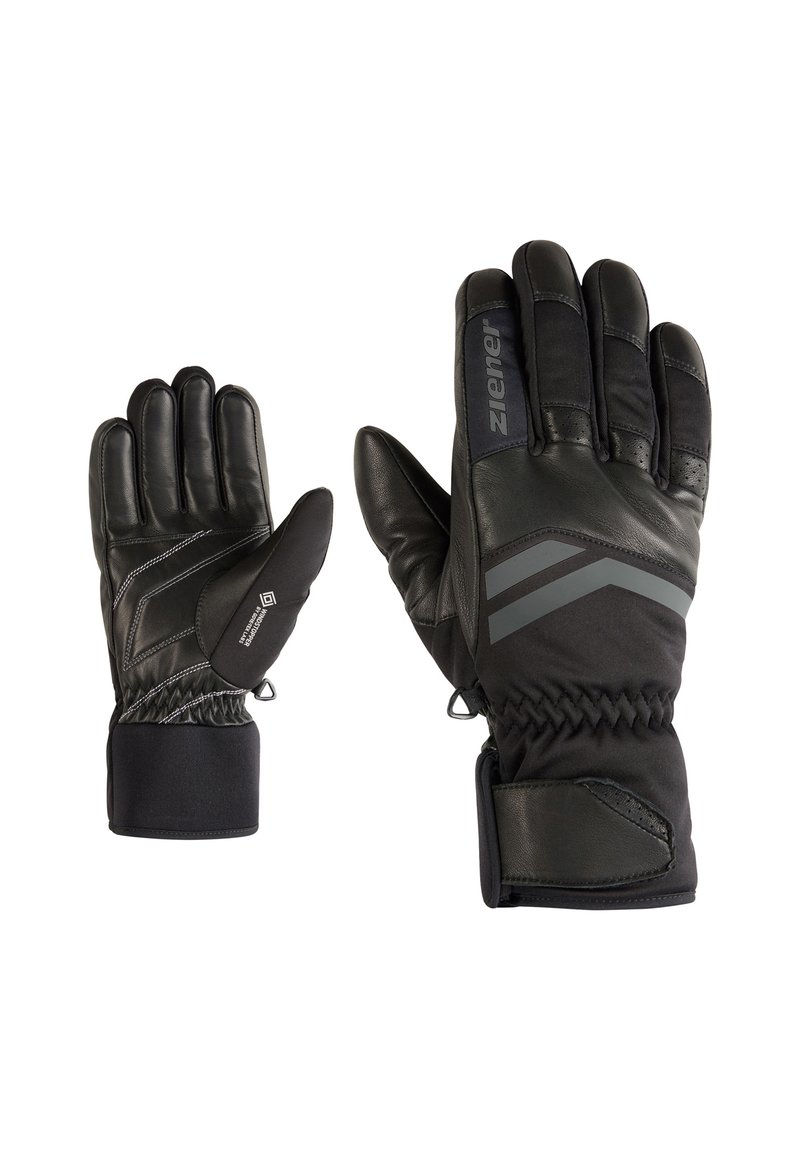 Gants d'hiver noirs en cuir et en matériau synthétique, présentant plusieurs textures, des poignets élastiques et des accents gris contrastants.