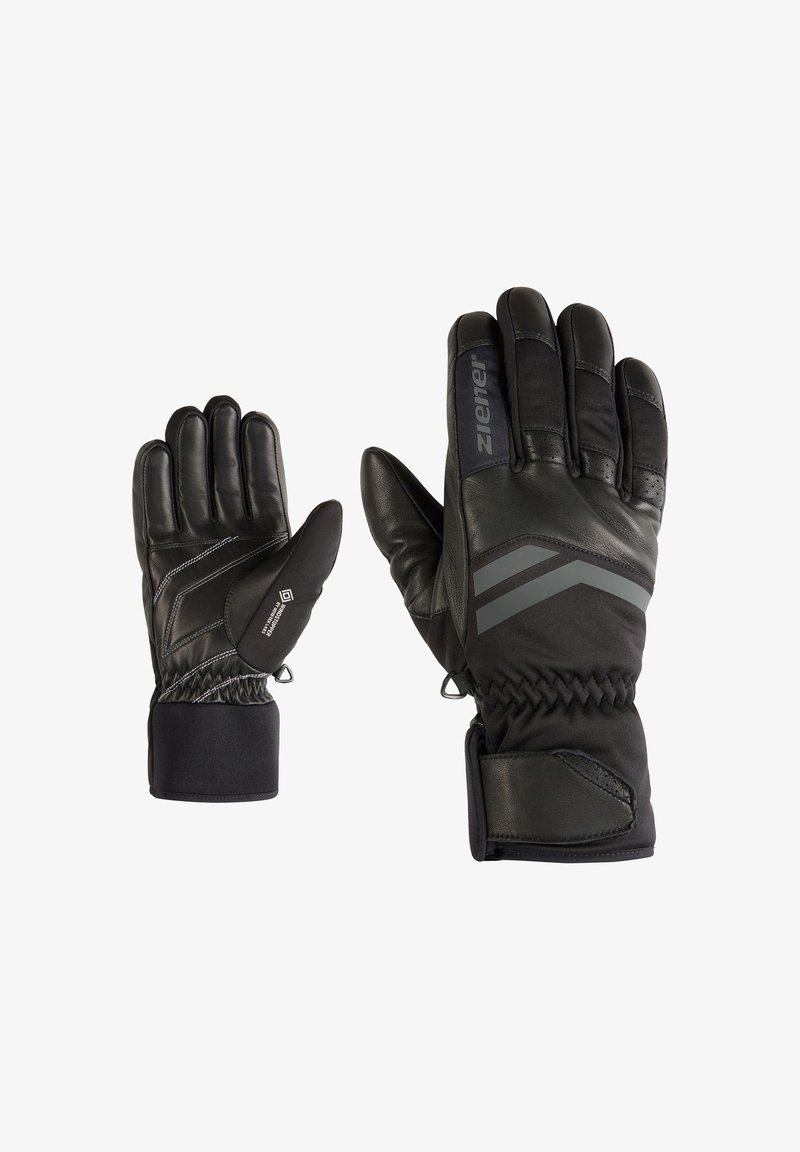 Guantes de invierno negros de cuero y material sintético, con múltiples texturas, puños elásticos en las muñecas y acentos grises contrastantes.