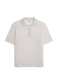 Lichtgrijze polo shirt van gestructureerde stof, met een kraag, een vijfknopen-polo en geborduurde bloemenontwerpen op de voorkant.