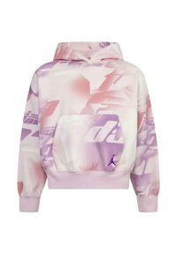 Sudadera con capucha de tejido suave, que presenta un degradado de rosa y púrpura, con un bolsillo lateral y el logotipo de Jordan en púrpura en la parte delantera.