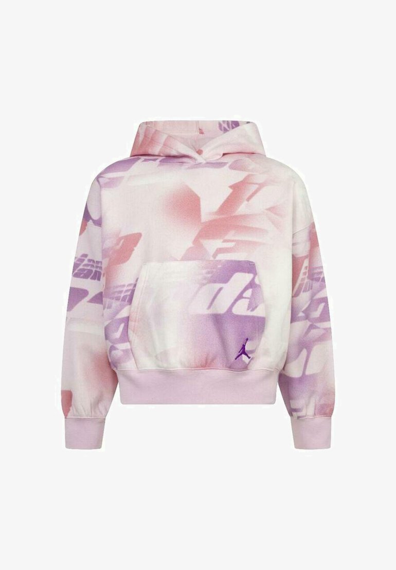 Sudadera con capucha de tejido suave, que presenta un degradado de rosa y púrpura, con un bolsillo lateral y el logotipo de Jordan en púrpura en la parte delantera.