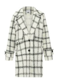 Manteau blanc mi-long avec motif à carreaux noirs, revers crantés, deux boutons devant et poignets boutonnés.