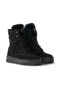 Zwarte suède enkellaarsjes met een faux bontkraag, een ronde neus en zwarte veters. Voorzien van een textuur rubberen zool en metalen veteroogjes.